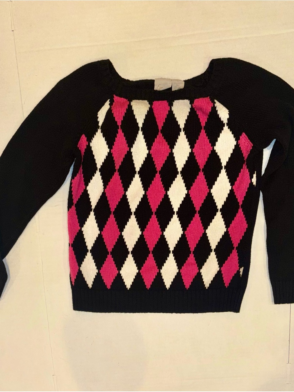 Black Argyle Crewneck Sweater with Pink and White Diamonds